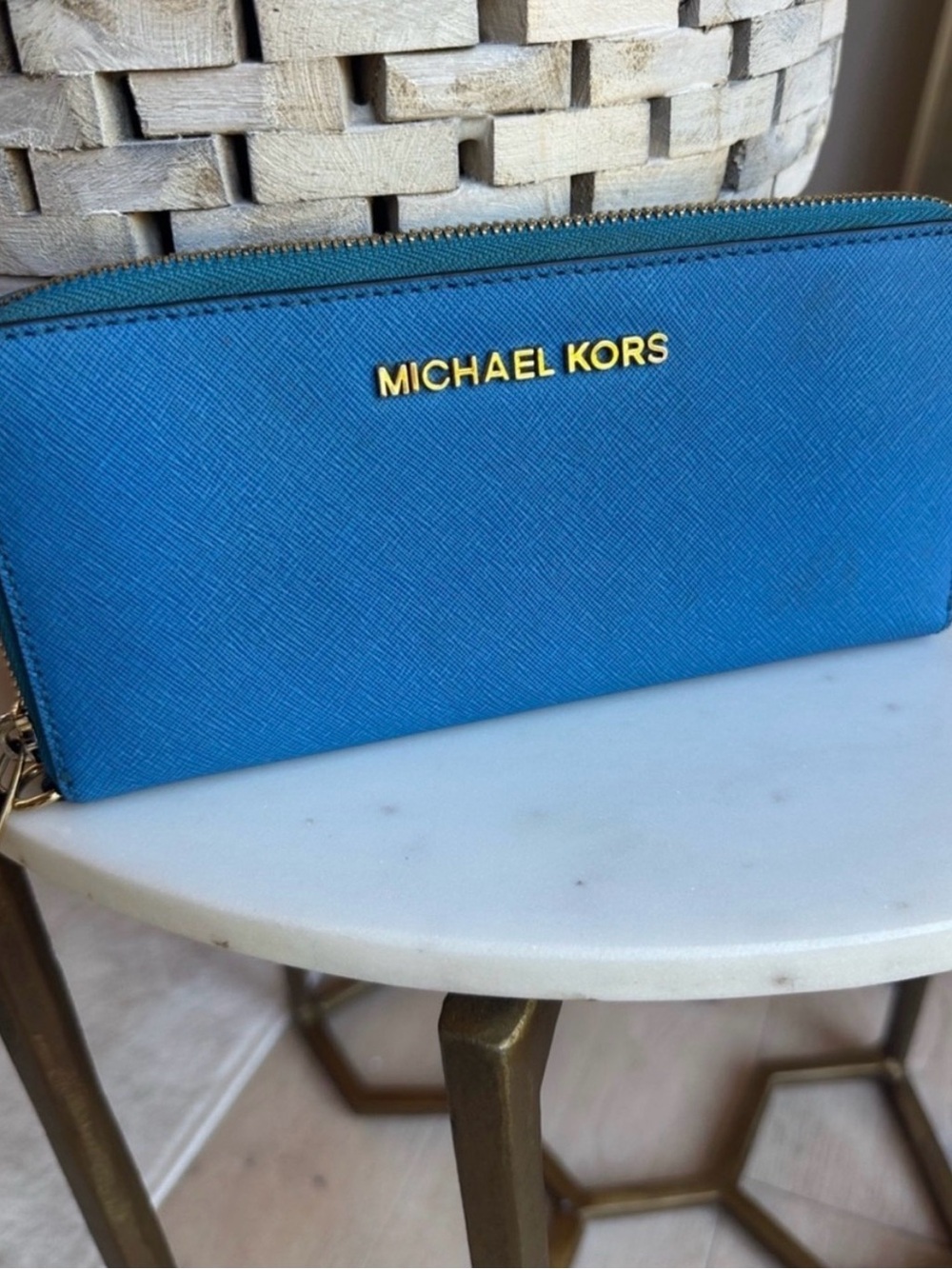 Michael Kors Lagoon Blue Zip Wallet with Gold Logo 2020